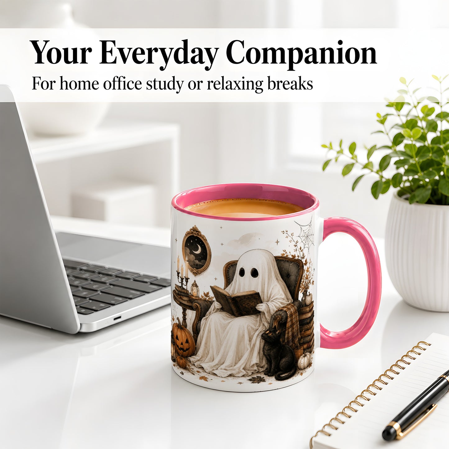 #pl[11oz|Pink] Cozy Ghost Reader Ceramic Coffee Cup, Mug with Halloween Artwork