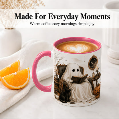 #pl[11oz|Pink] Cozy Ghost Reader Ceramic Coffee Cup, Mug with Halloween Artwork