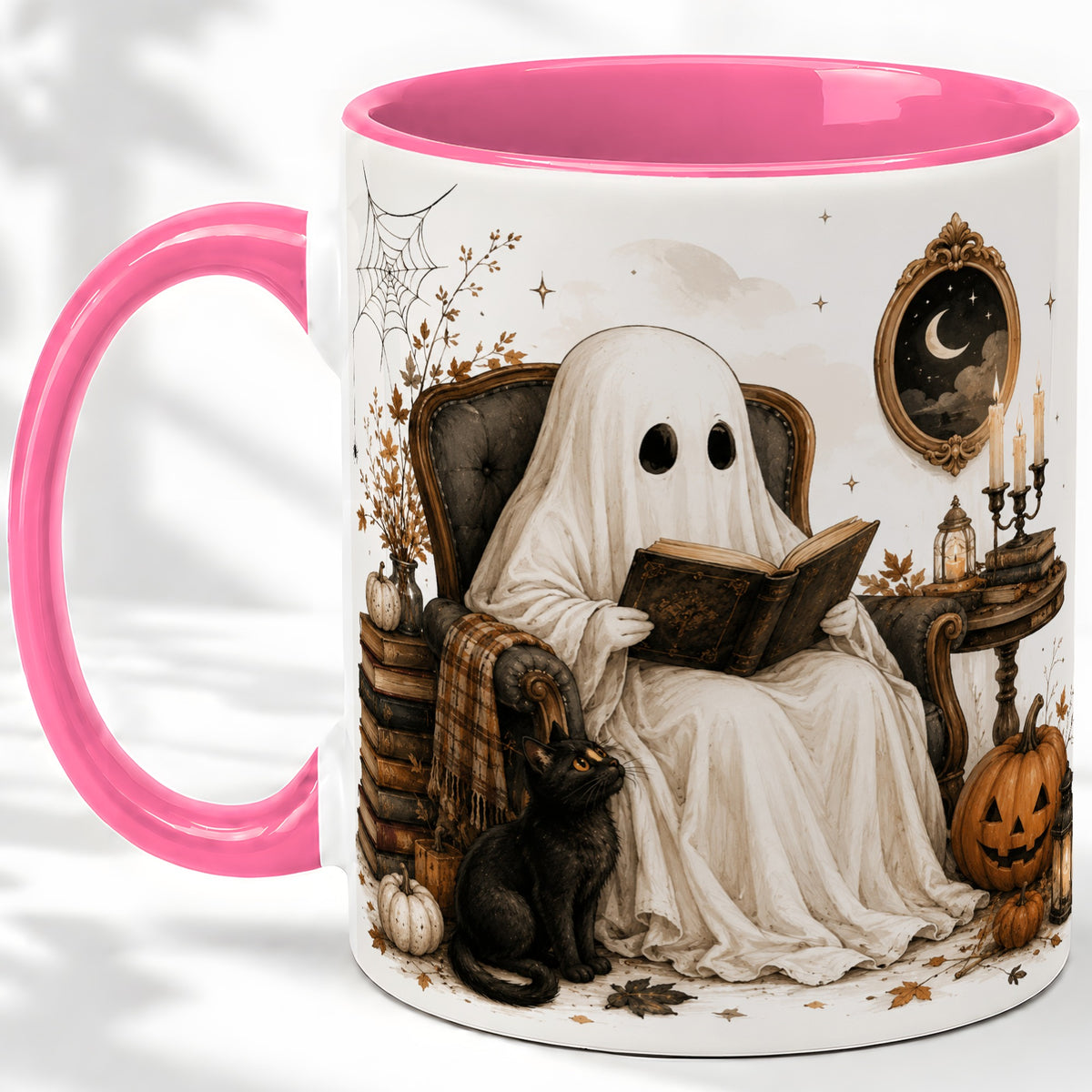 #pl[11oz|Pink] Cozy Ghost Reader Ceramic Coffee Cup, Mug with Halloween Artwork