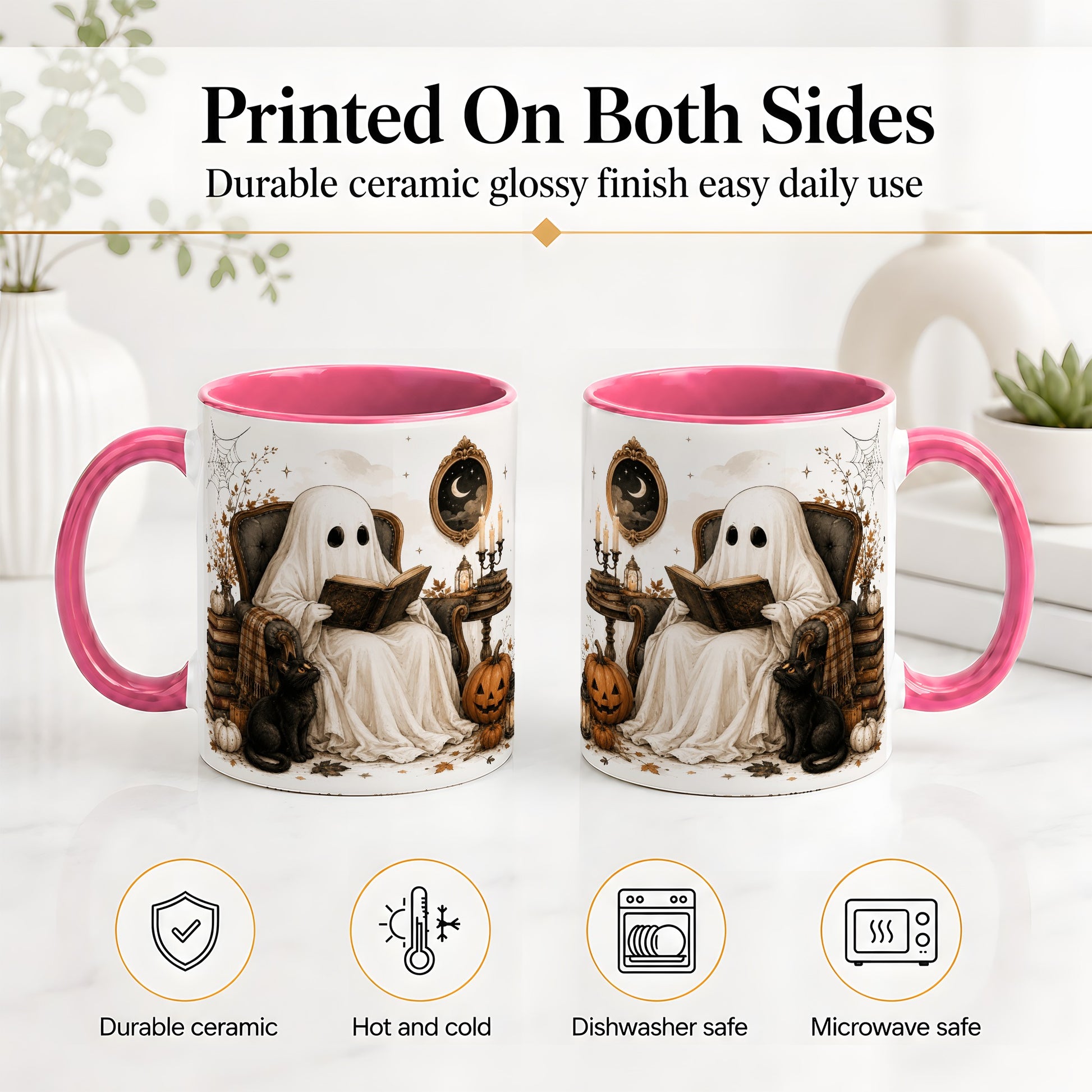 #pl[11oz|Pink] Cozy Ghost Reader Ceramic Coffee Cup, Mug with Halloween Artwork