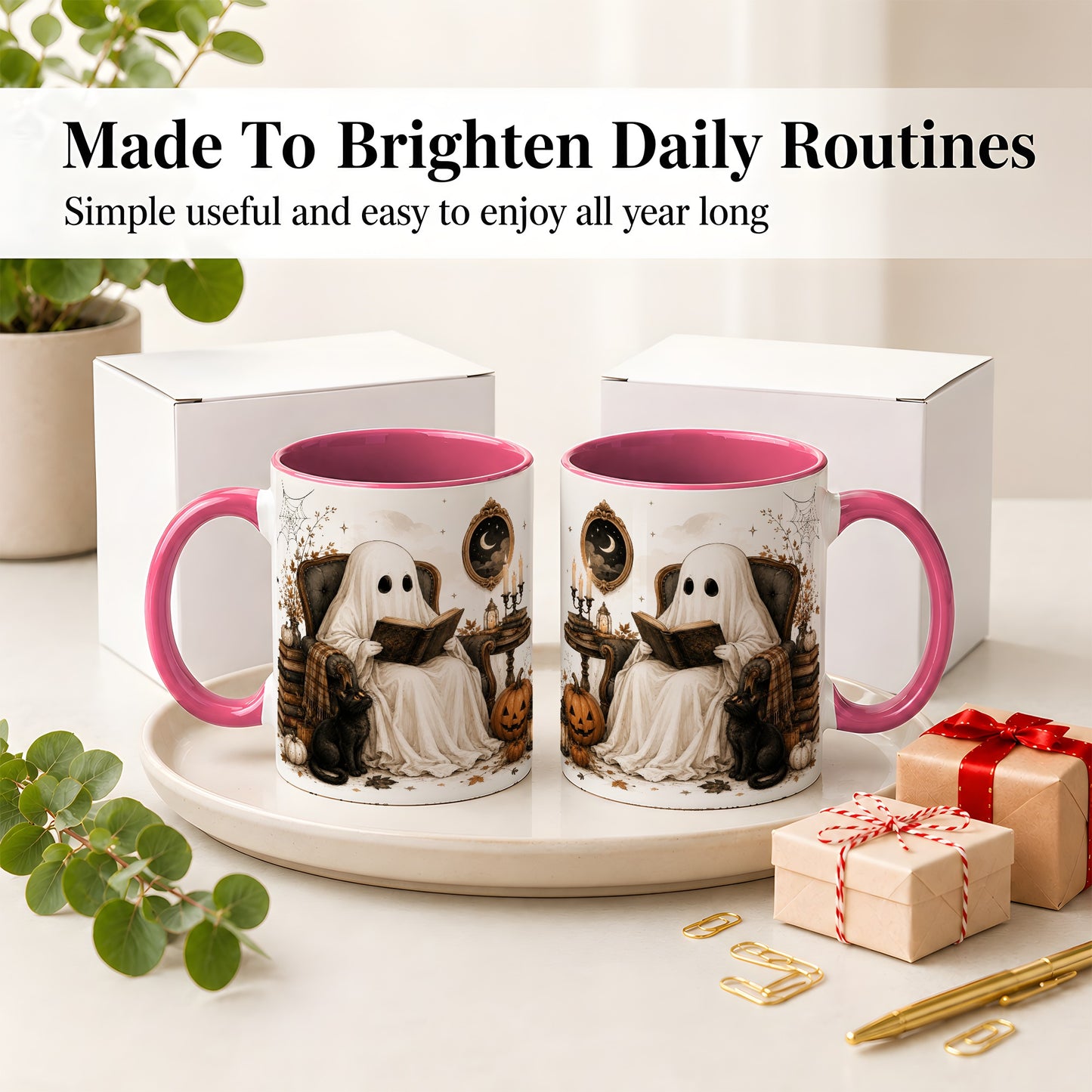 #pl[11oz|Pink] Cozy Ghost Reader Ceramic Coffee Cup, Mug with Halloween Artwork