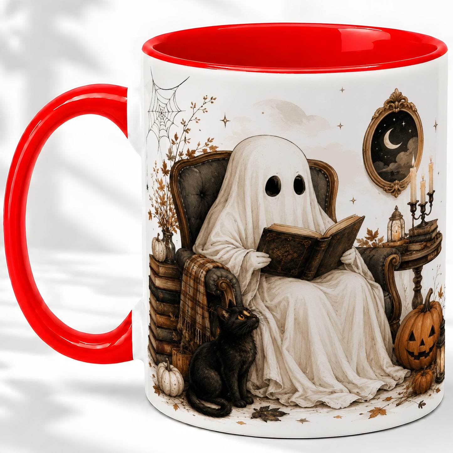 Cozy Ghost Reader Ceramic Coffee Cup, Mug with Halloween Artwork