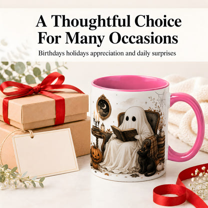 #pl[11oz|Pink] Cozy Ghost Reader Ceramic Coffee Cup, Mug with Halloween Artwork