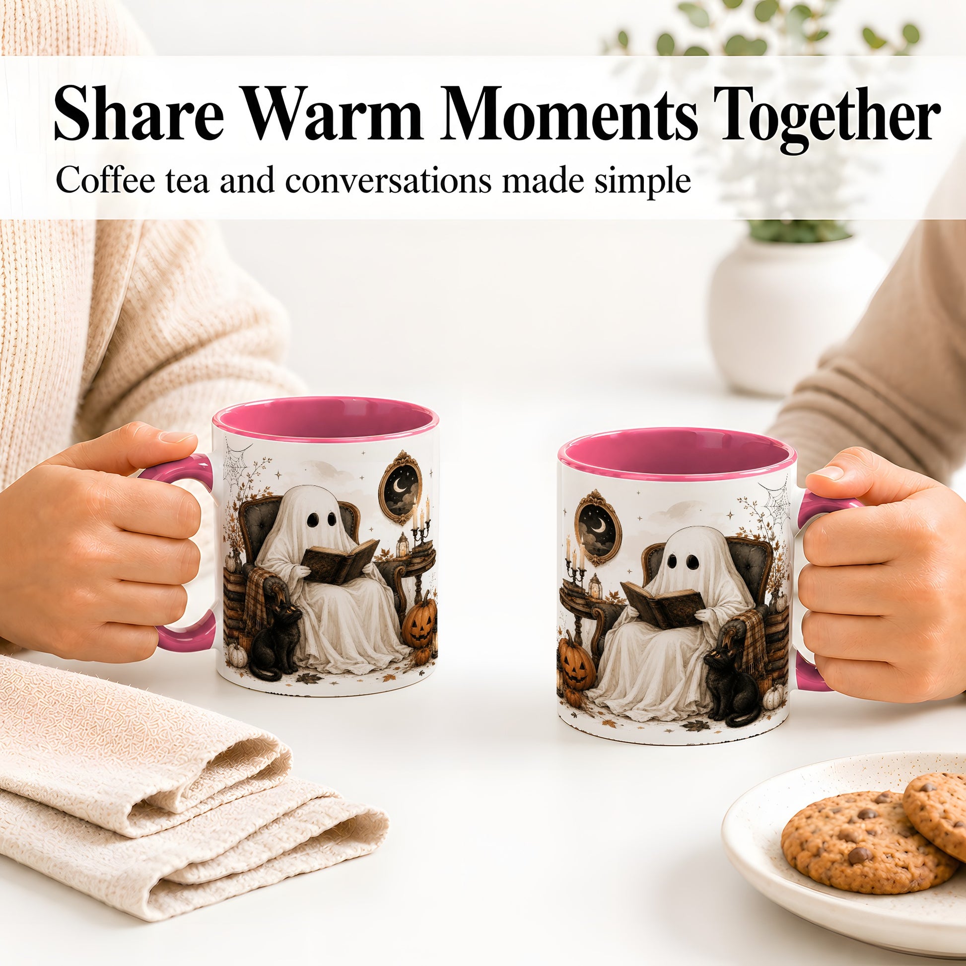 #pl[11oz|Pink] Cozy Ghost Reader Ceramic Coffee Cup, Mug with Halloween Artwork
