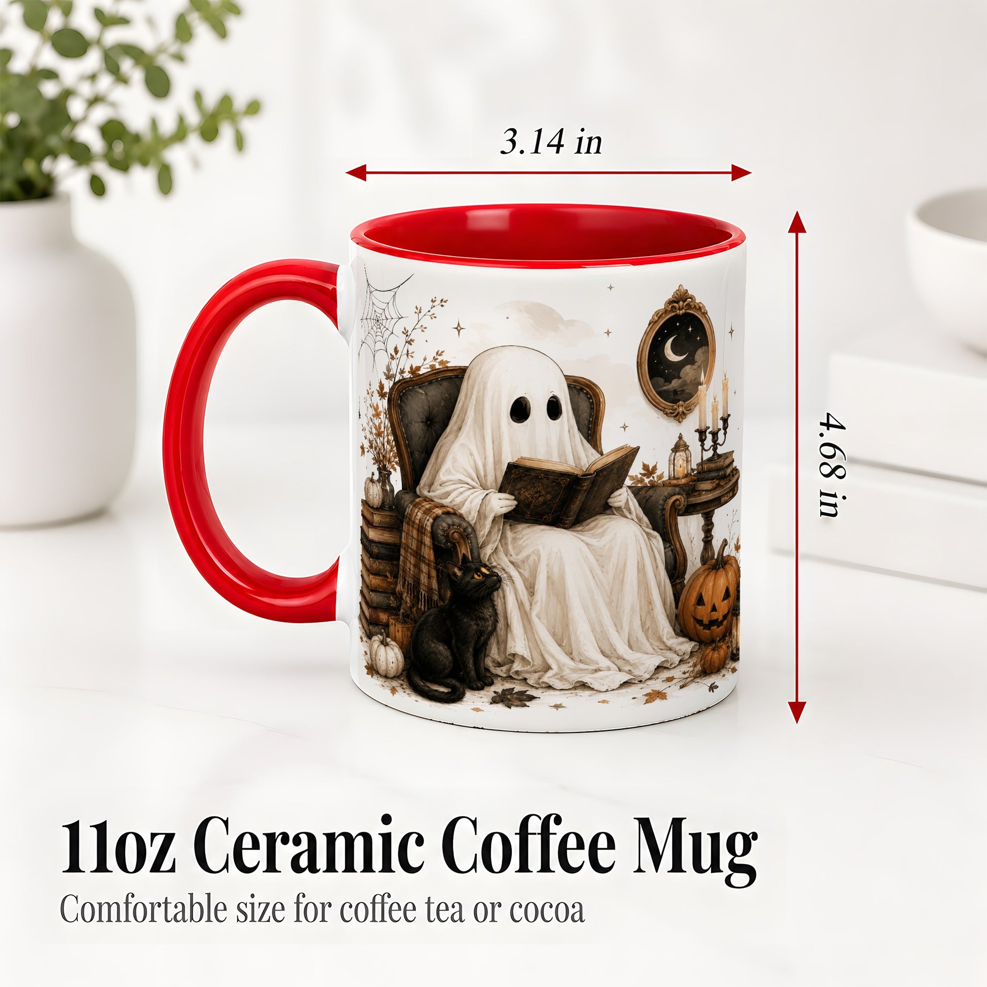 #pl[11oz|Red] Cozy Ghost Reader Ceramic Coffee Cup, Mug with Halloween Artwork
