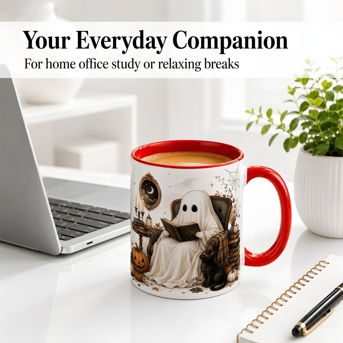#pl[11oz|Red] Cozy Ghost Reader Ceramic Coffee Cup, Mug with Halloween Artwork