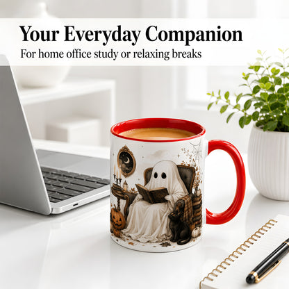 #pl[11oz|Red] Cozy Ghost Reader Ceramic Coffee Cup, Mug with Halloween Artwork