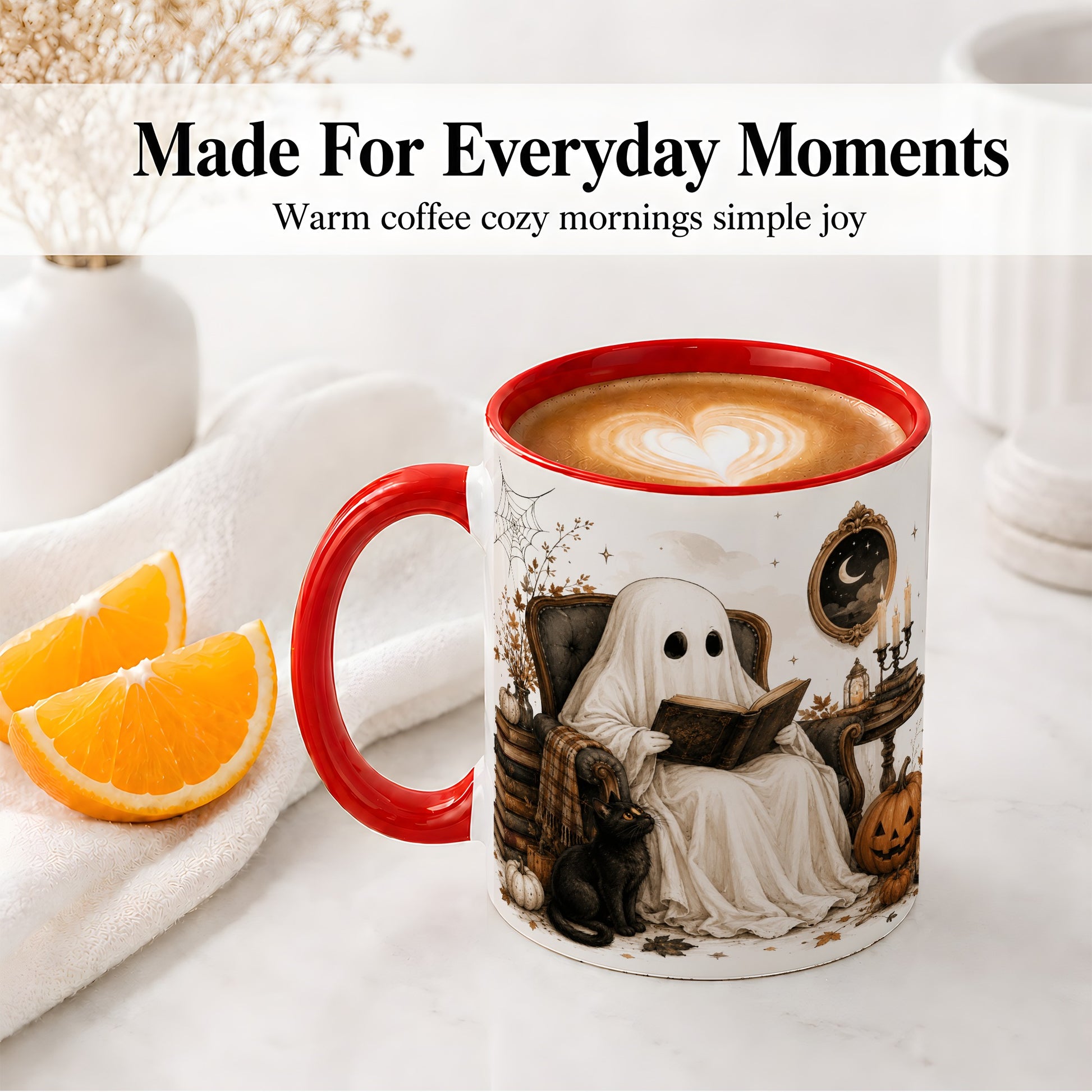 #pl[11oz|Red] Cozy Ghost Reader Ceramic Coffee Cup, Mug with Halloween Artwork