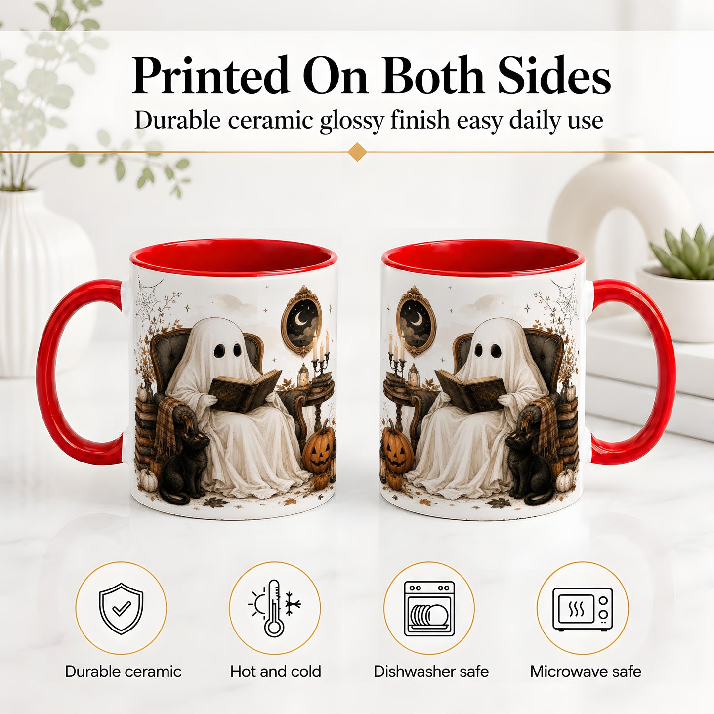 #pl[11oz|Red] Cozy Ghost Reader Ceramic Coffee Cup, Mug with Halloween Artwork