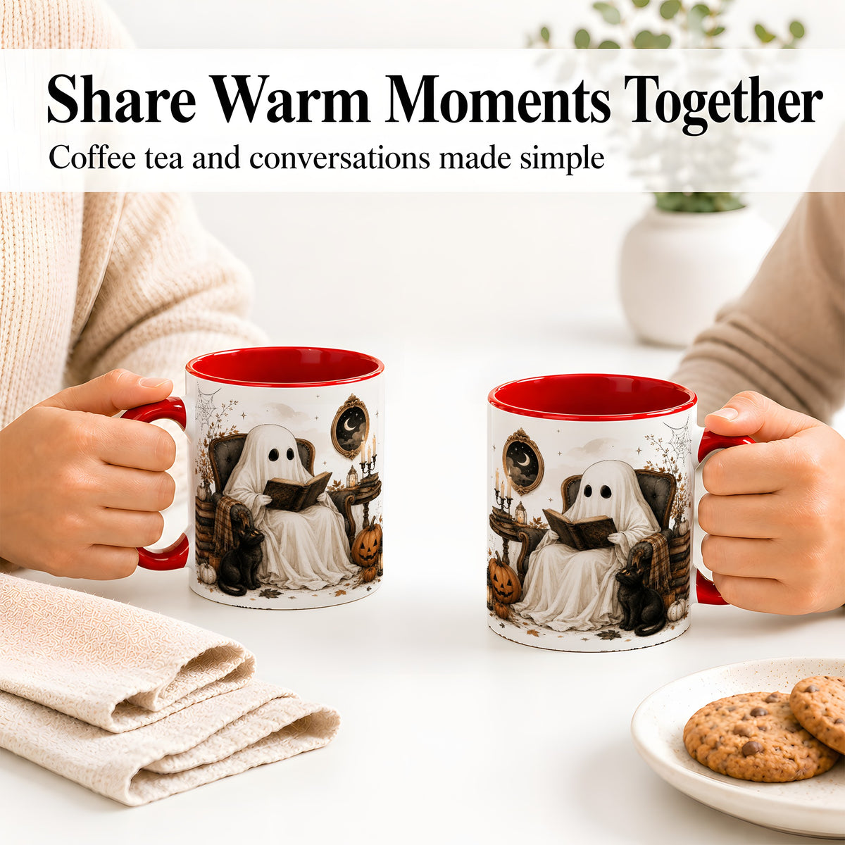 #pl[11oz|Red] Cozy Ghost Reader Ceramic Coffee Cup, Mug with Halloween Artwork