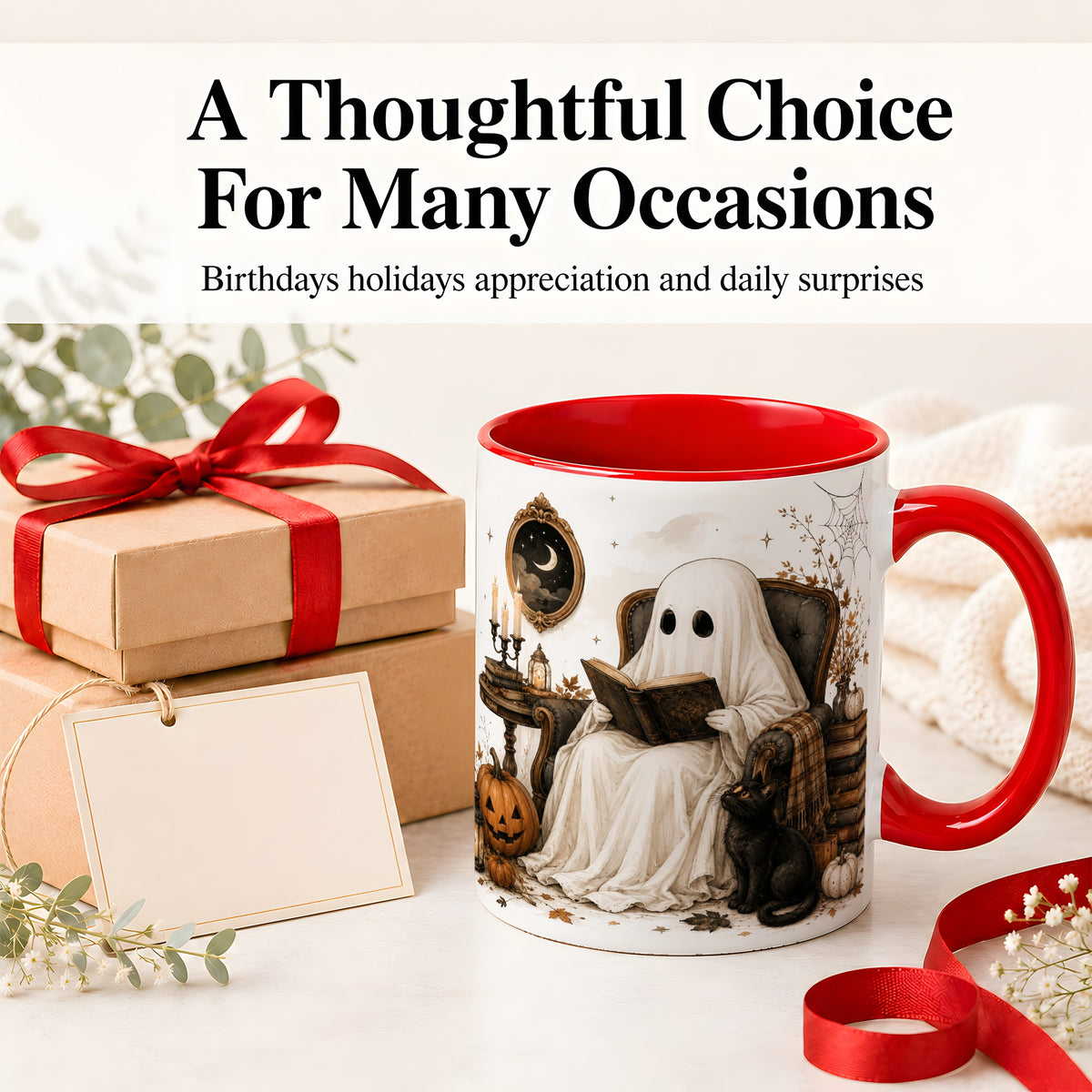 #pl[11oz|Red] Cozy Ghost Reader Ceramic Coffee Cup, Mug with Halloween Artwork