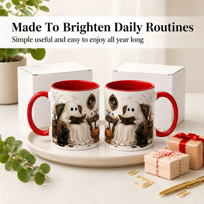 #pl[11oz|Red] Cozy Ghost Reader Ceramic Coffee Cup, Mug with Halloween Artwork