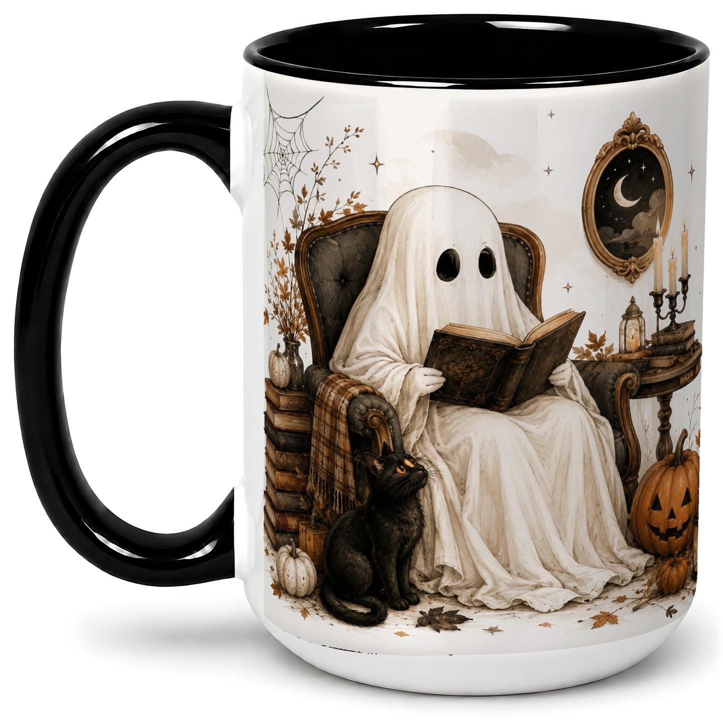 #pl[15oz|Black] Cozy Ghost Reader Ceramic Coffee Cup, Mug with Halloween Artwork