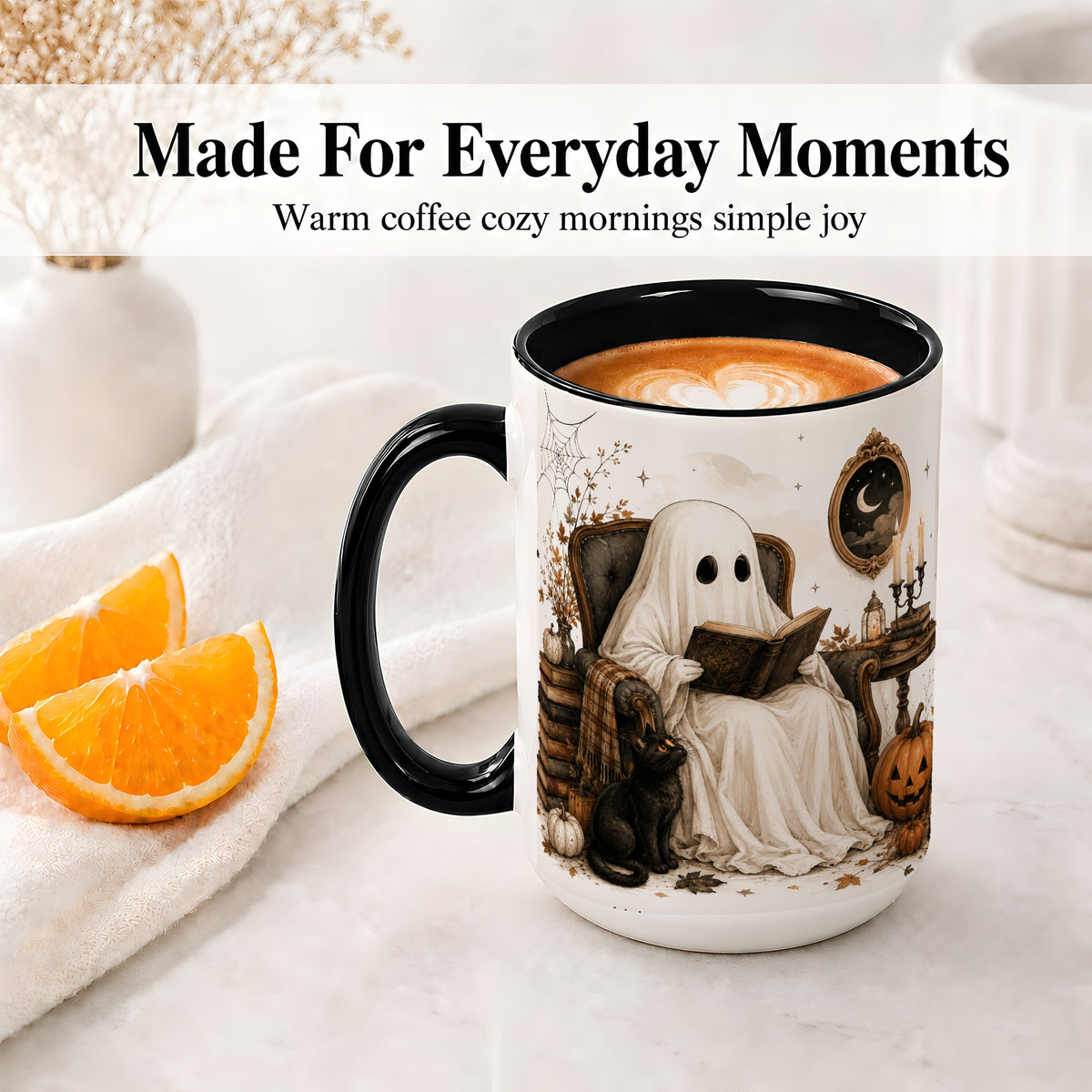 #pl[15oz|Black] Cozy Ghost Reader Ceramic Coffee Cup, Mug with Halloween Artwork