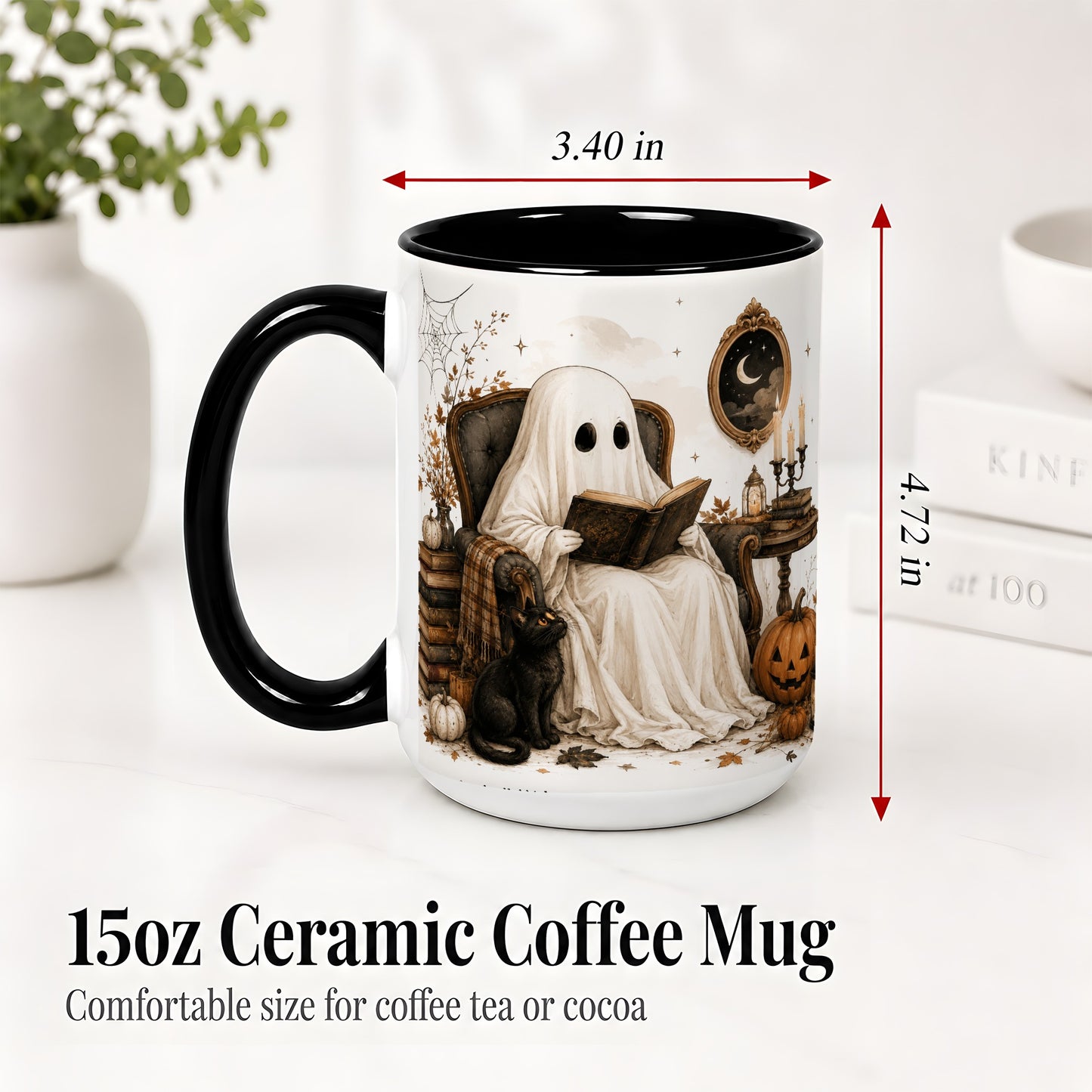 #pl[15oz|Black] Cozy Ghost Reader Ceramic Coffee Cup, Mug with Halloween Artwork