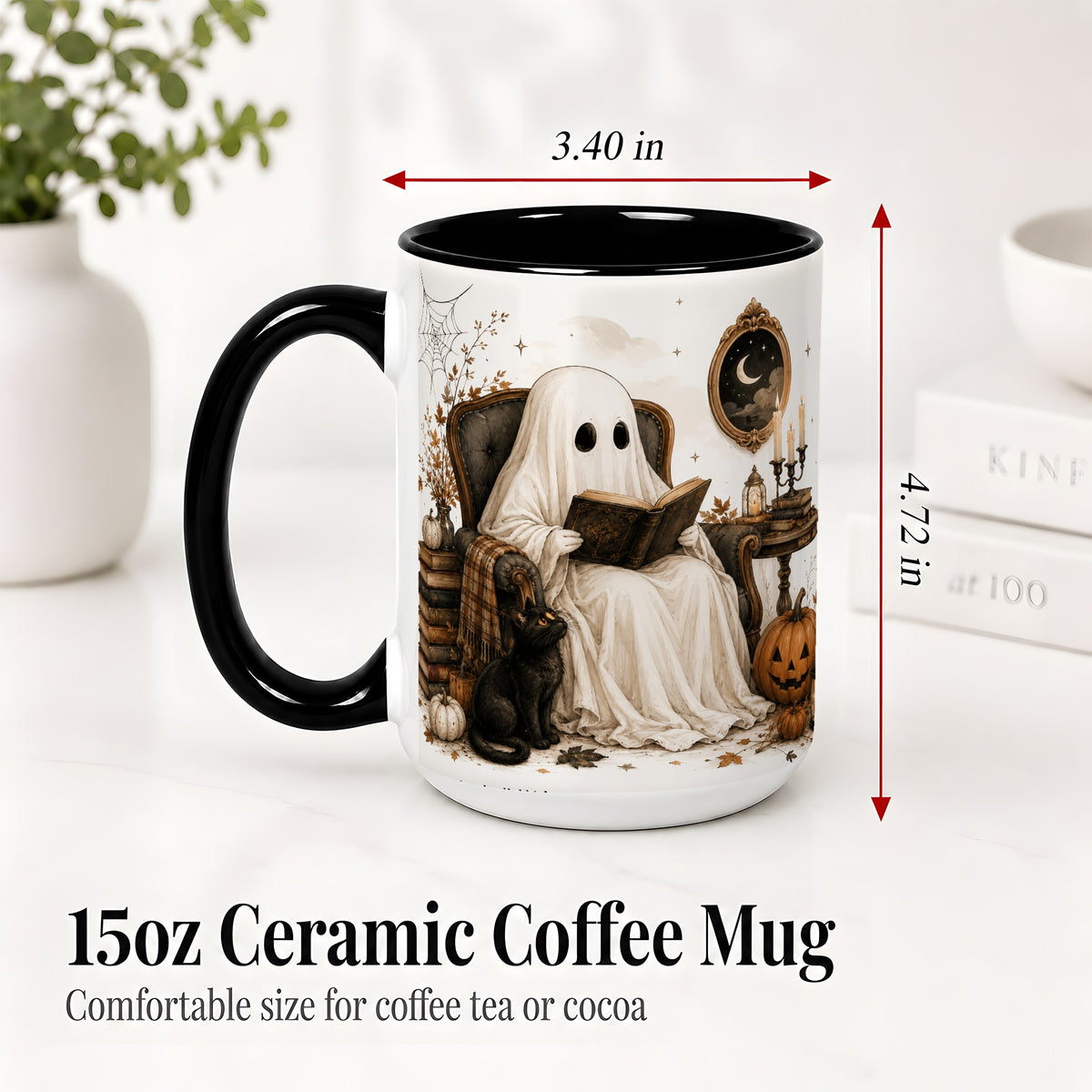 #pl[15oz|Black] Cozy Ghost Reader Ceramic Coffee Cup, Mug with Halloween Artwork