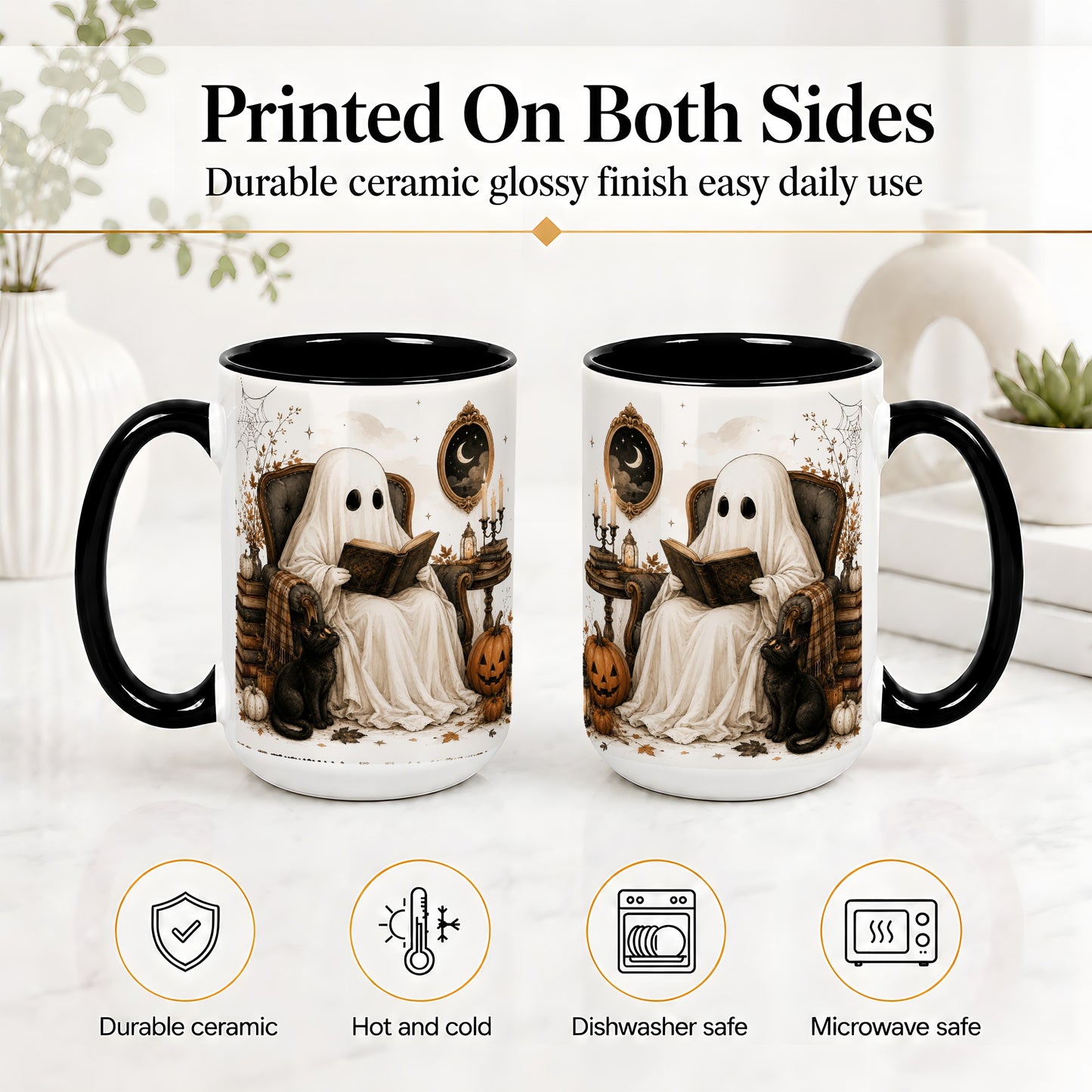 #pl[15oz|Black] Cozy Ghost Reader Ceramic Coffee Cup, Mug with Halloween Artwork