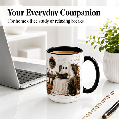 #pl[15oz|Black] Cozy Ghost Reader Ceramic Coffee Cup, Mug with Halloween Artwork