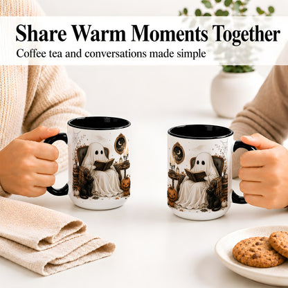 #pl[15oz|Black] Cozy Ghost Reader Ceramic Coffee Cup, Mug with Halloween Artwork