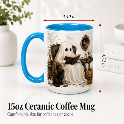 #pl[15oz|Blue] Cozy Ghost Reader Ceramic Coffee Cup, Mug with Halloween Artwork