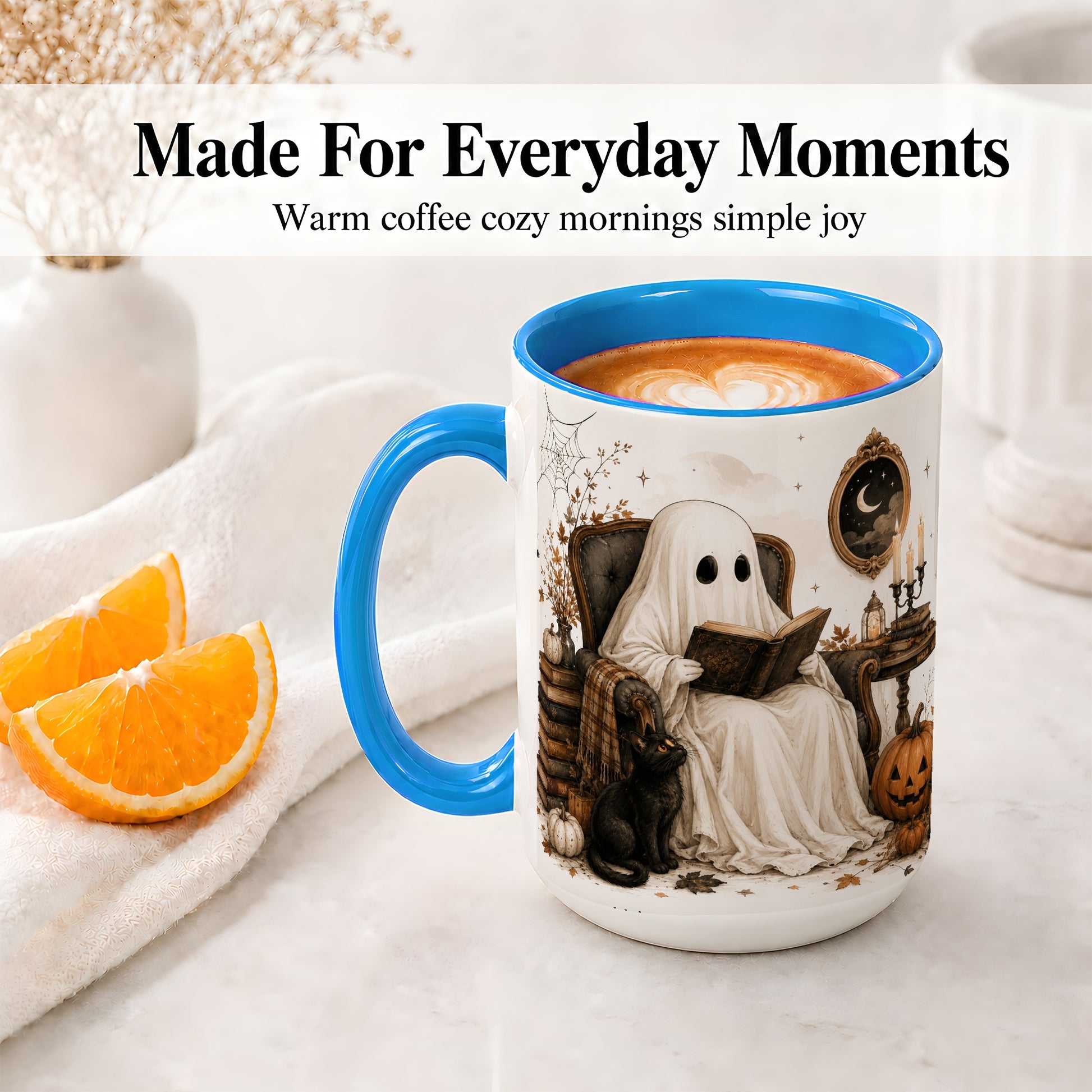 #pl[15oz|Blue] Cozy Ghost Reader Ceramic Coffee Cup, Mug with Halloween Artwork