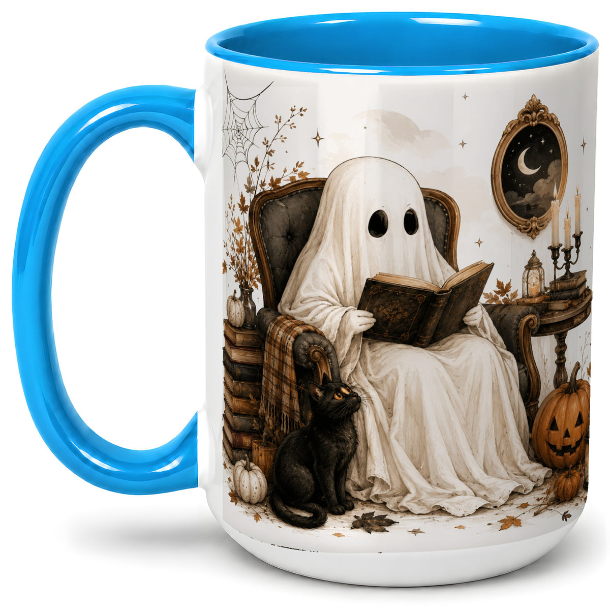 #pl[15oz|Blue] Cozy Ghost Reader Ceramic Coffee Cup, Mug with Halloween Artwork