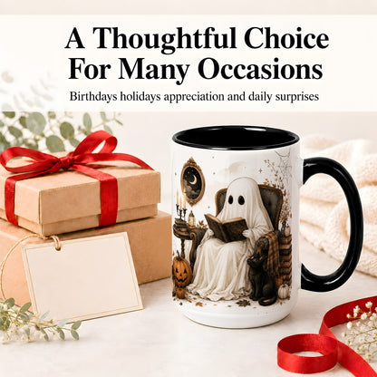 #pl[15oz|Black] Cozy Ghost Reader Ceramic Coffee Cup, Mug with Halloween Artwork