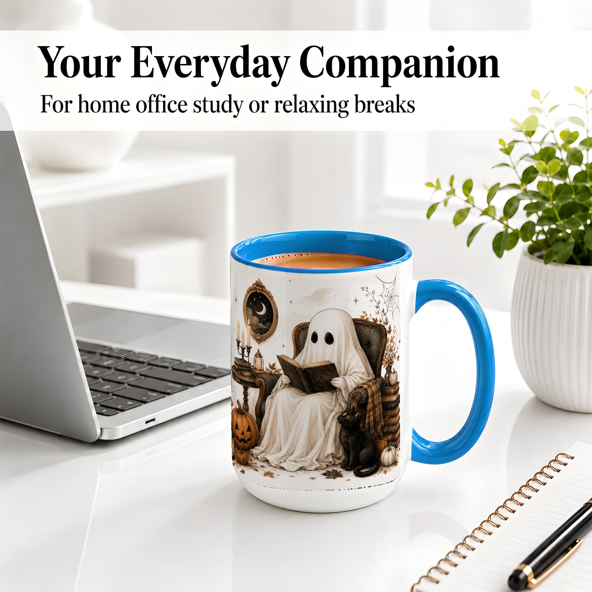 #pl[15oz|Blue] Cozy Ghost Reader Ceramic Coffee Cup, Mug with Halloween Artwork
