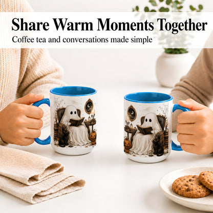 #pl[15oz|Blue] Cozy Ghost Reader Ceramic Coffee Cup, Mug with Halloween Artwork