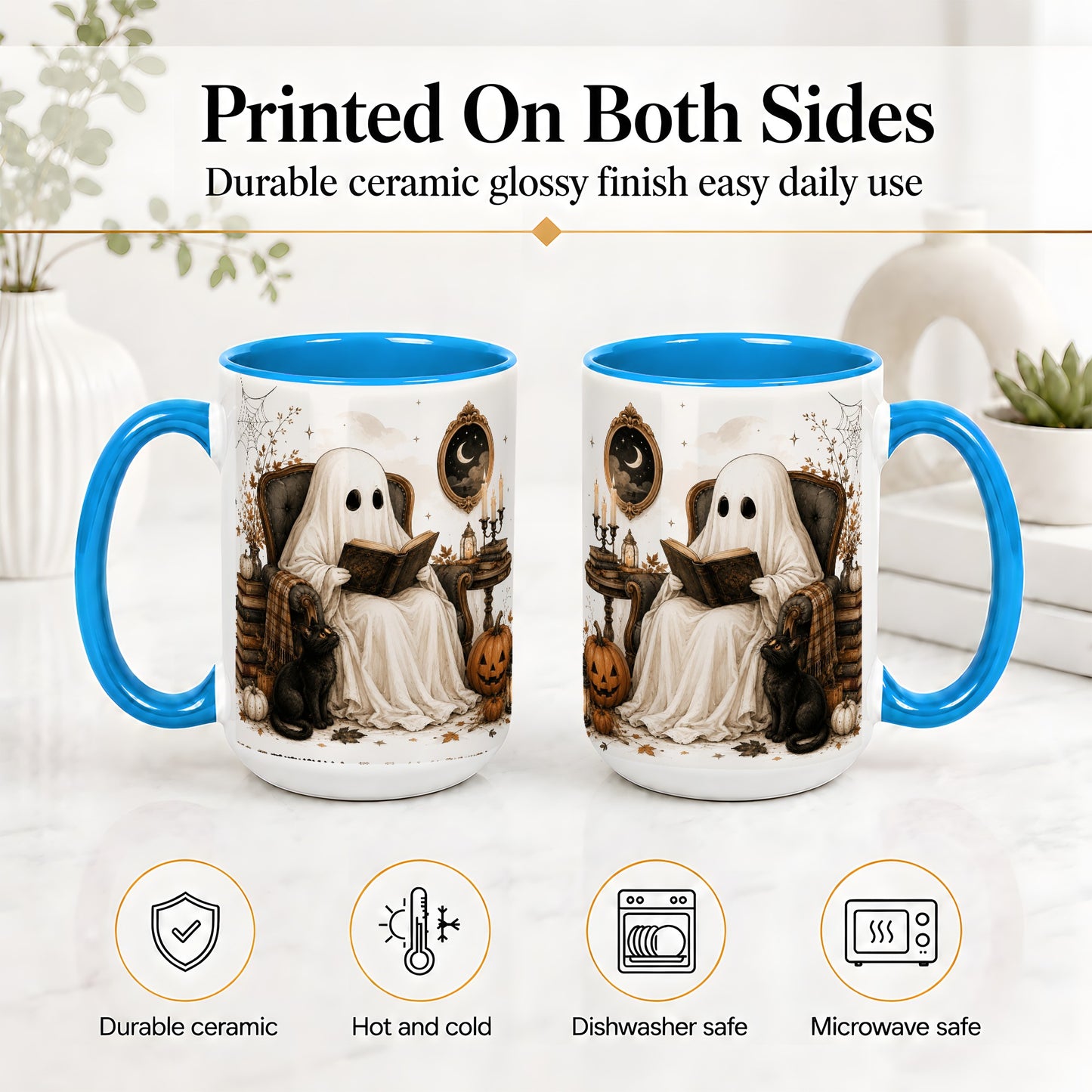 #pl[15oz|Blue] Cozy Ghost Reader Ceramic Coffee Cup, Mug with Halloween Artwork