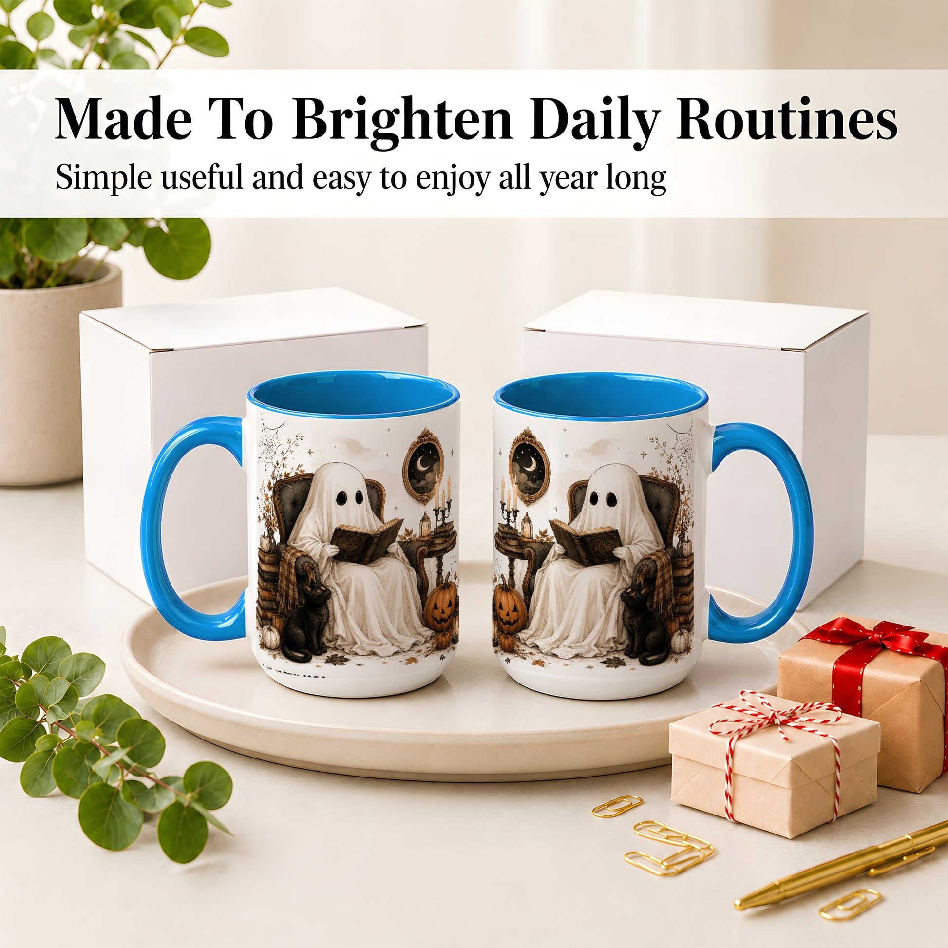 #pl[15oz|Blue] Cozy Ghost Reader Ceramic Coffee Cup, Mug with Halloween Artwork