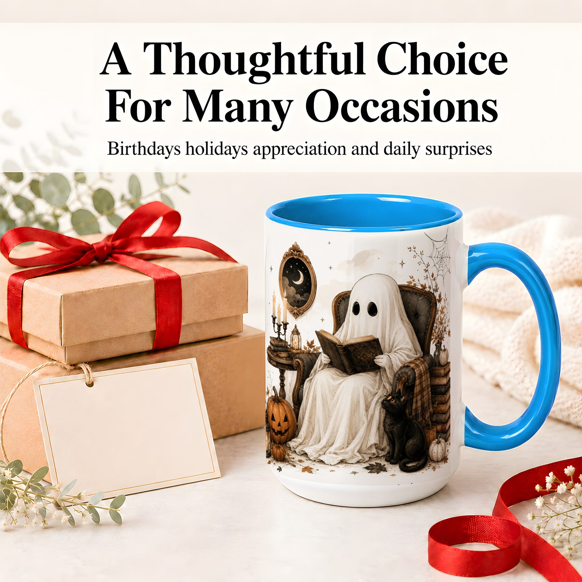 #pl[15oz|Blue] Cozy Ghost Reader Ceramic Coffee Cup, Mug with Halloween Artwork