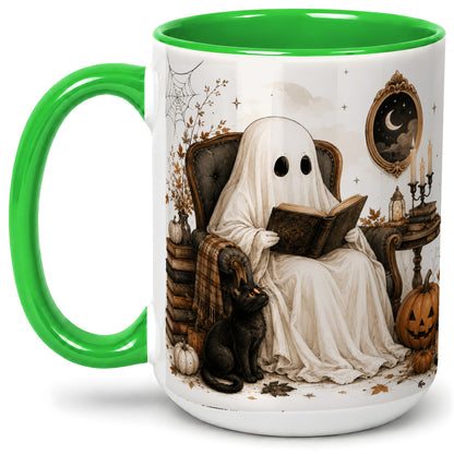 #pl[15oz|Green] Cozy Ghost Reader Ceramic Coffee Cup, Mug with Halloween Artwork
