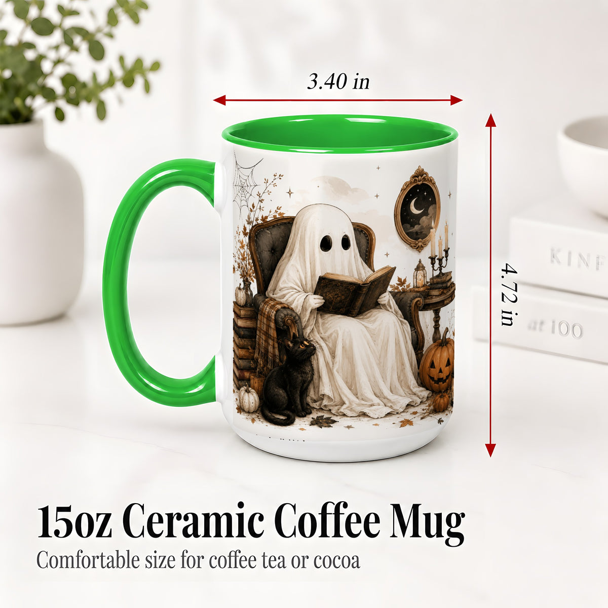 #pl[15oz|Green] Cozy Ghost Reader Ceramic Coffee Cup, Mug with Halloween Artwork