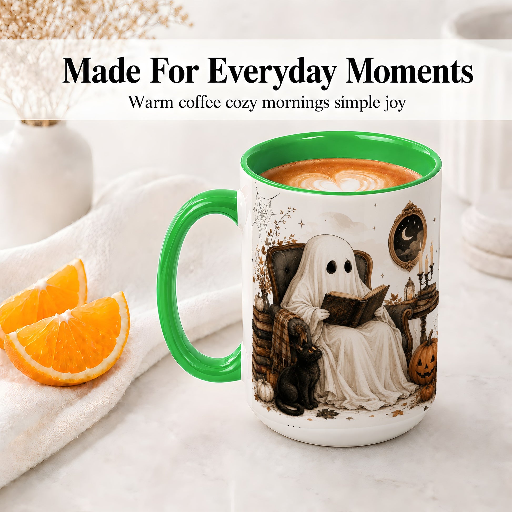 #pl[15oz|Green] Cozy Ghost Reader Ceramic Coffee Cup, Mug with Halloween Artwork