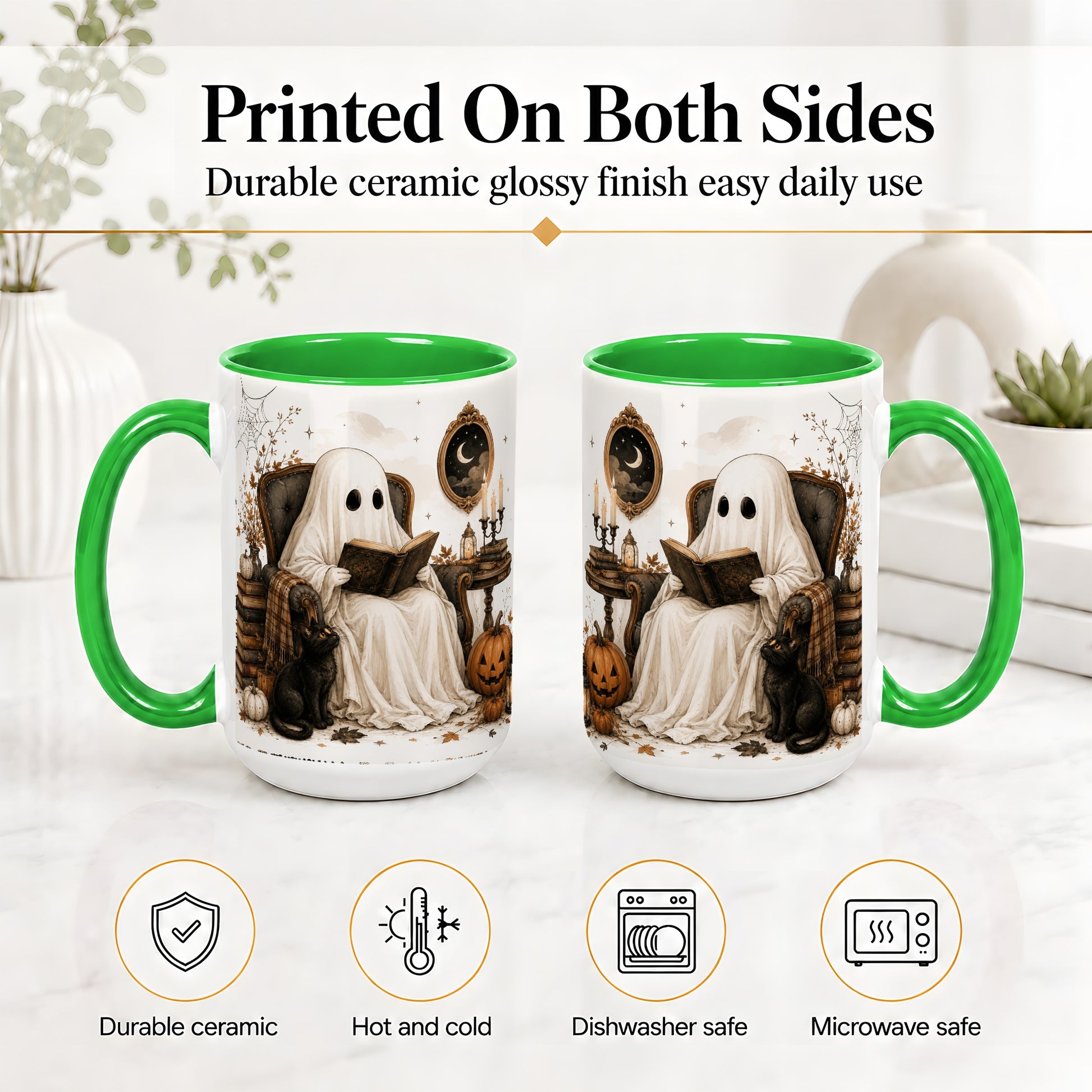 #pl[15oz|Green] Cozy Ghost Reader Ceramic Coffee Cup, Mug with Halloween Artwork