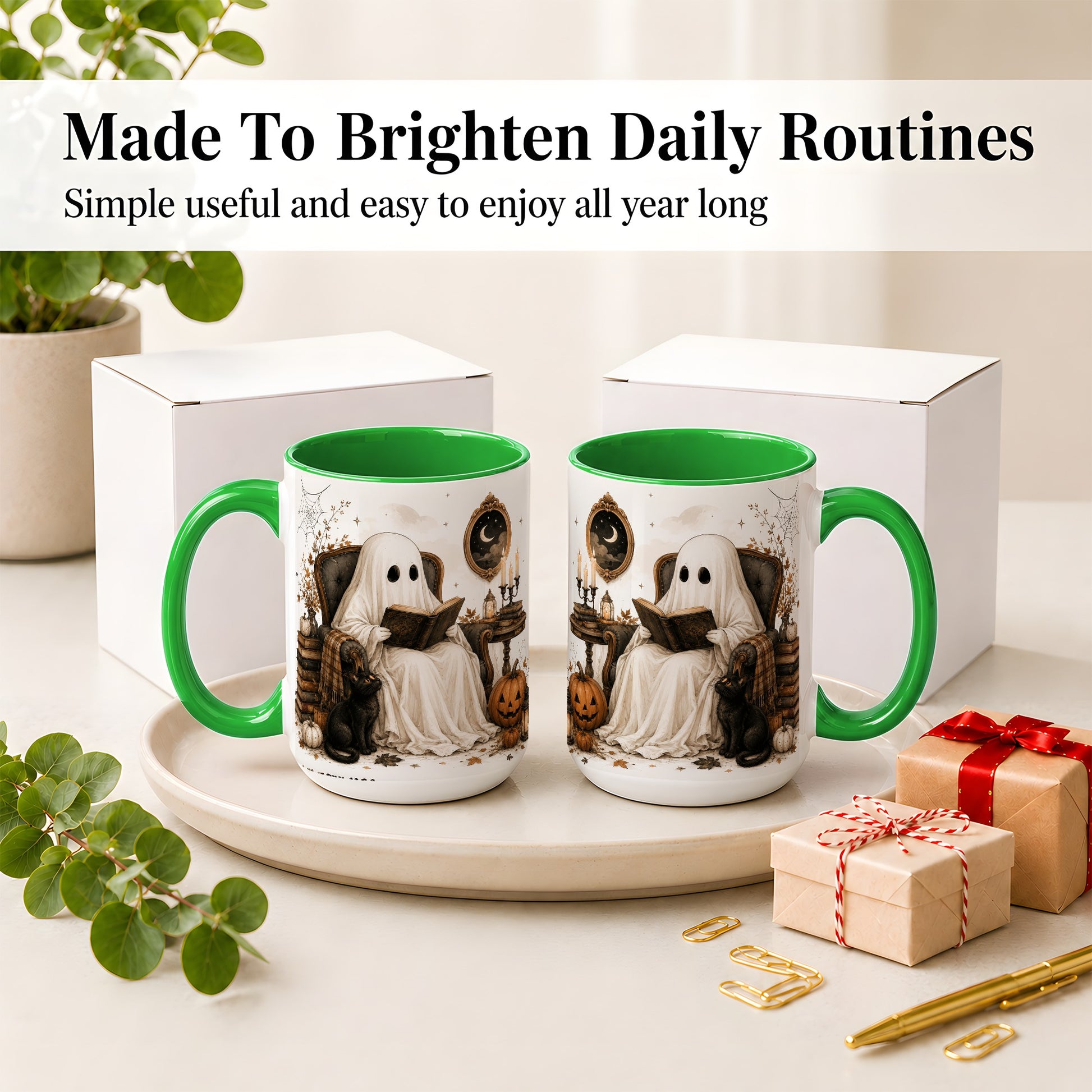#pl[15oz|Green] Cozy Ghost Reader Ceramic Coffee Cup, Mug with Halloween Artwork