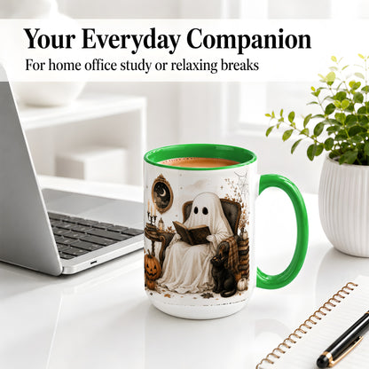 #pl[15oz|Green] Cozy Ghost Reader Ceramic Coffee Cup, Mug with Halloween Artwork