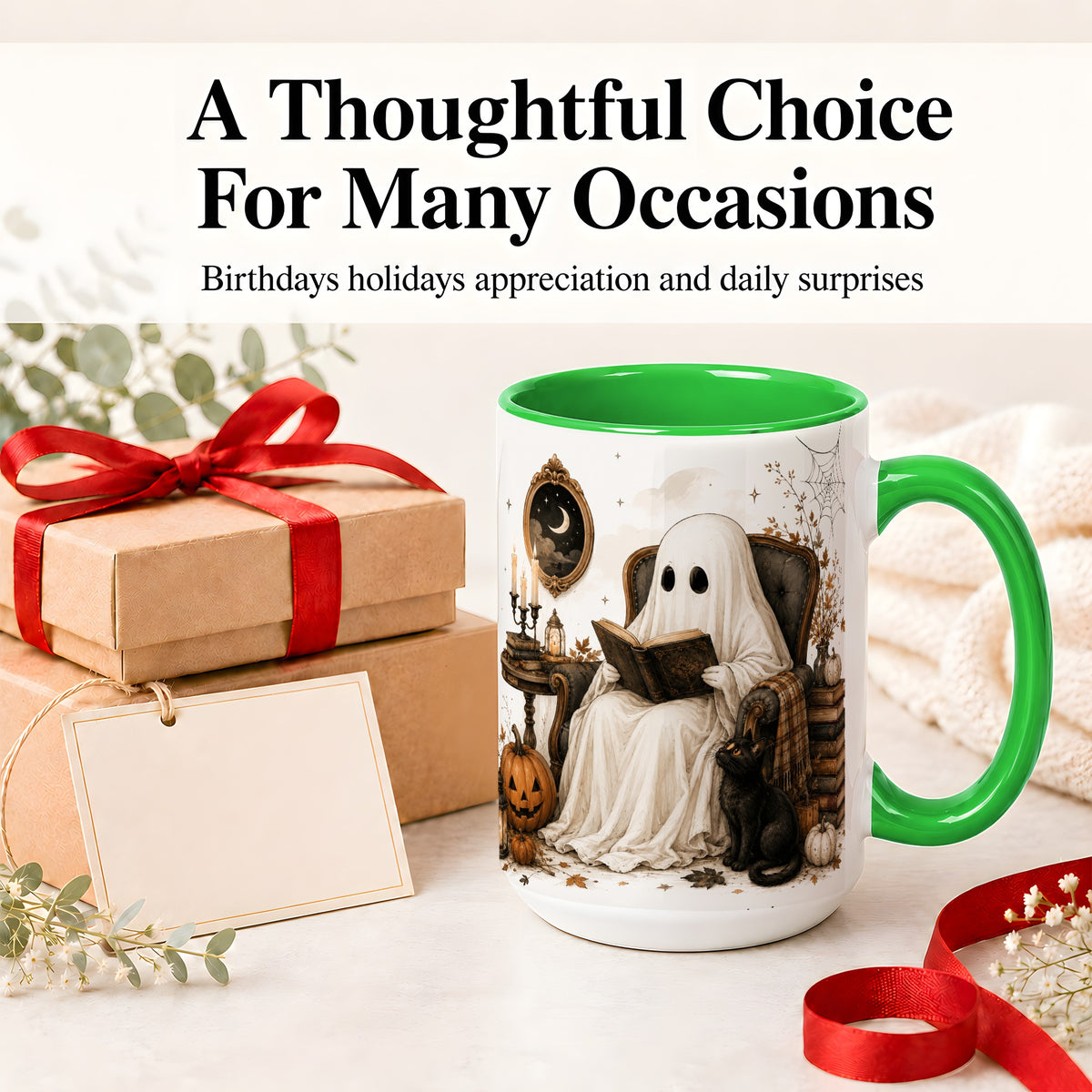 #pl[15oz|Green] Cozy Ghost Reader Ceramic Coffee Cup, Mug with Halloween Artwork