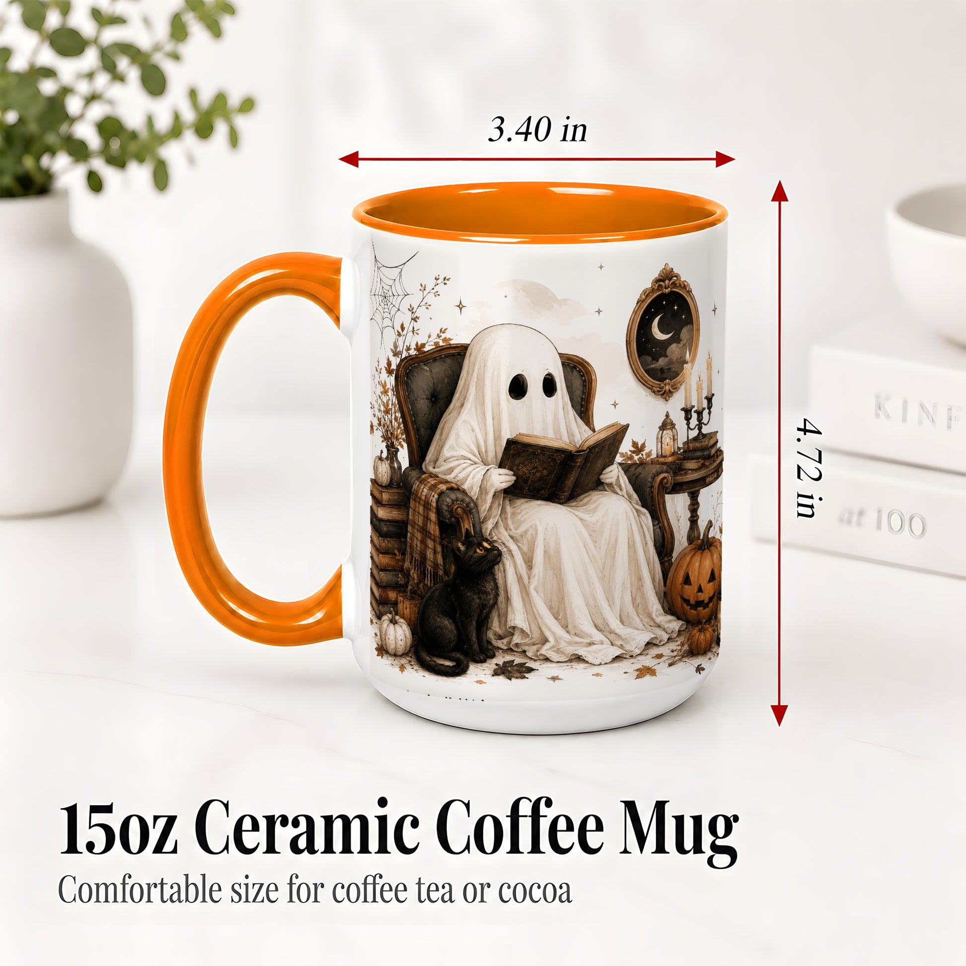 #pl[15oz|Orange] Cozy Ghost Reader Ceramic Coffee Cup, Mug with Halloween Artwork