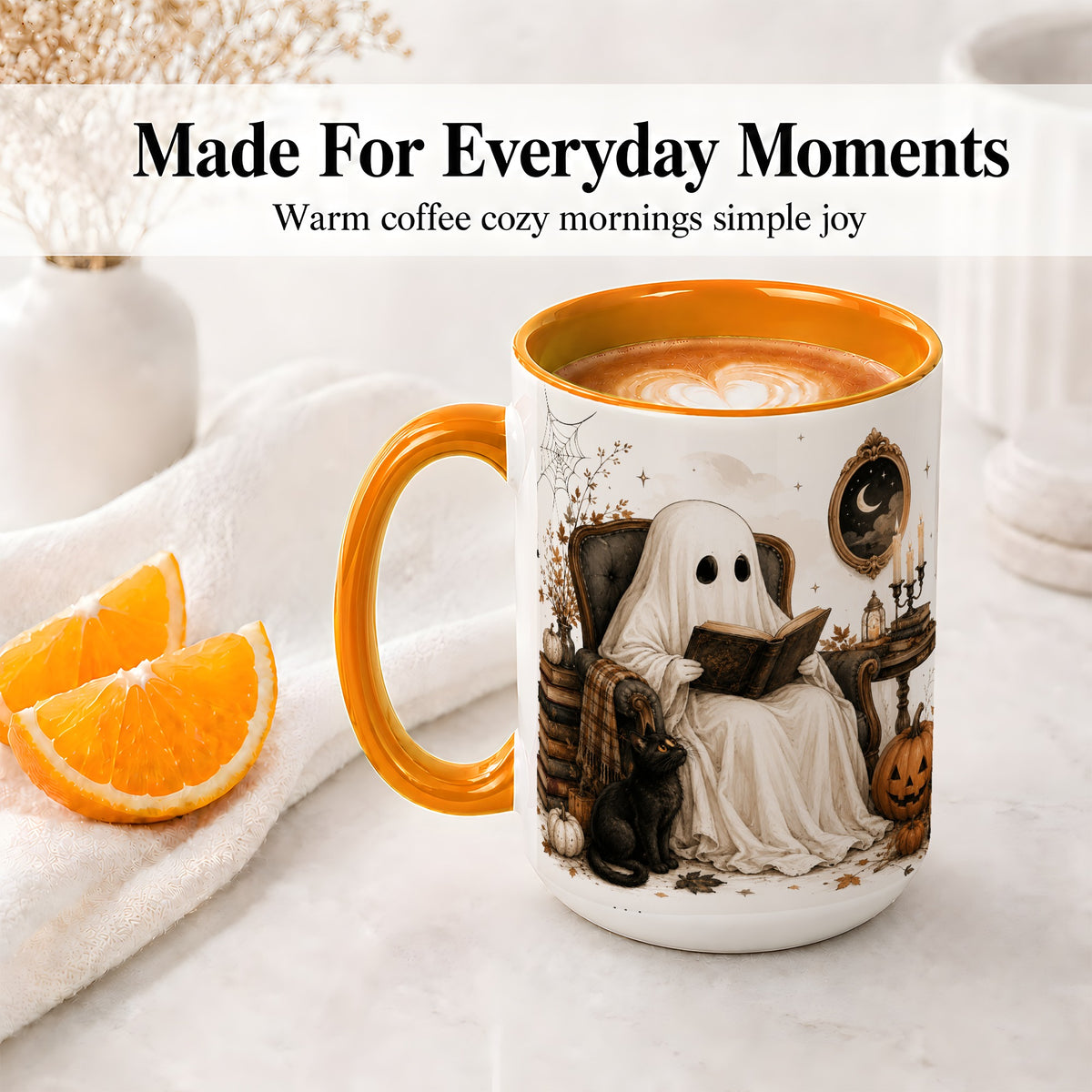 #pl[15oz|Orange] Cozy Ghost Reader Ceramic Coffee Cup, Mug with Halloween Artwork