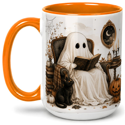 #pl[15oz|Orange] Cozy Ghost Reader Ceramic Coffee Cup, Mug with Halloween Artwork
