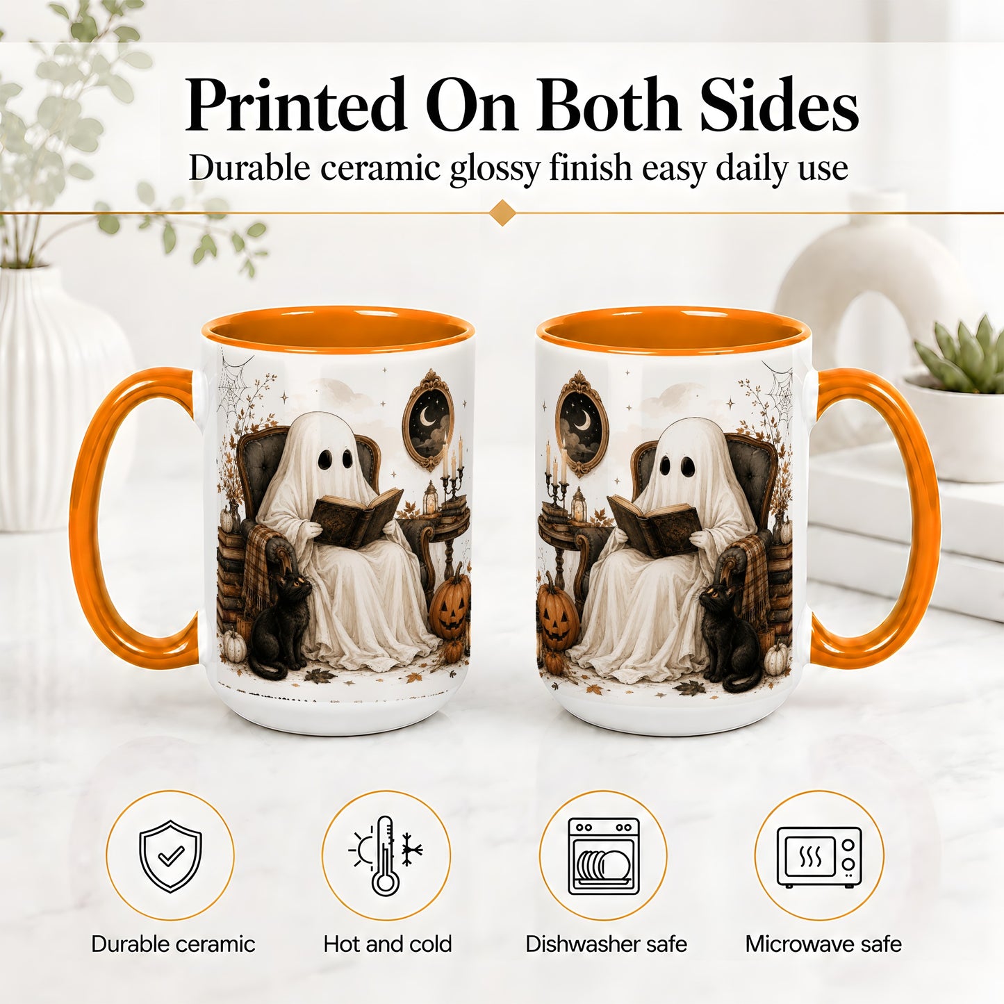 #pl[15oz|Orange] Cozy Ghost Reader Ceramic Coffee Cup, Mug with Halloween Artwork