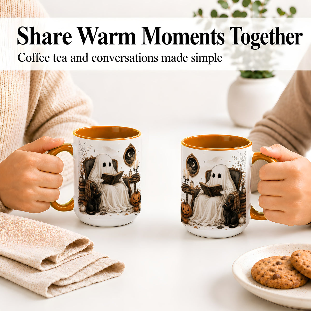 #pl[15oz|Orange] Cozy Ghost Reader Ceramic Coffee Cup, Mug with Halloween Artwork