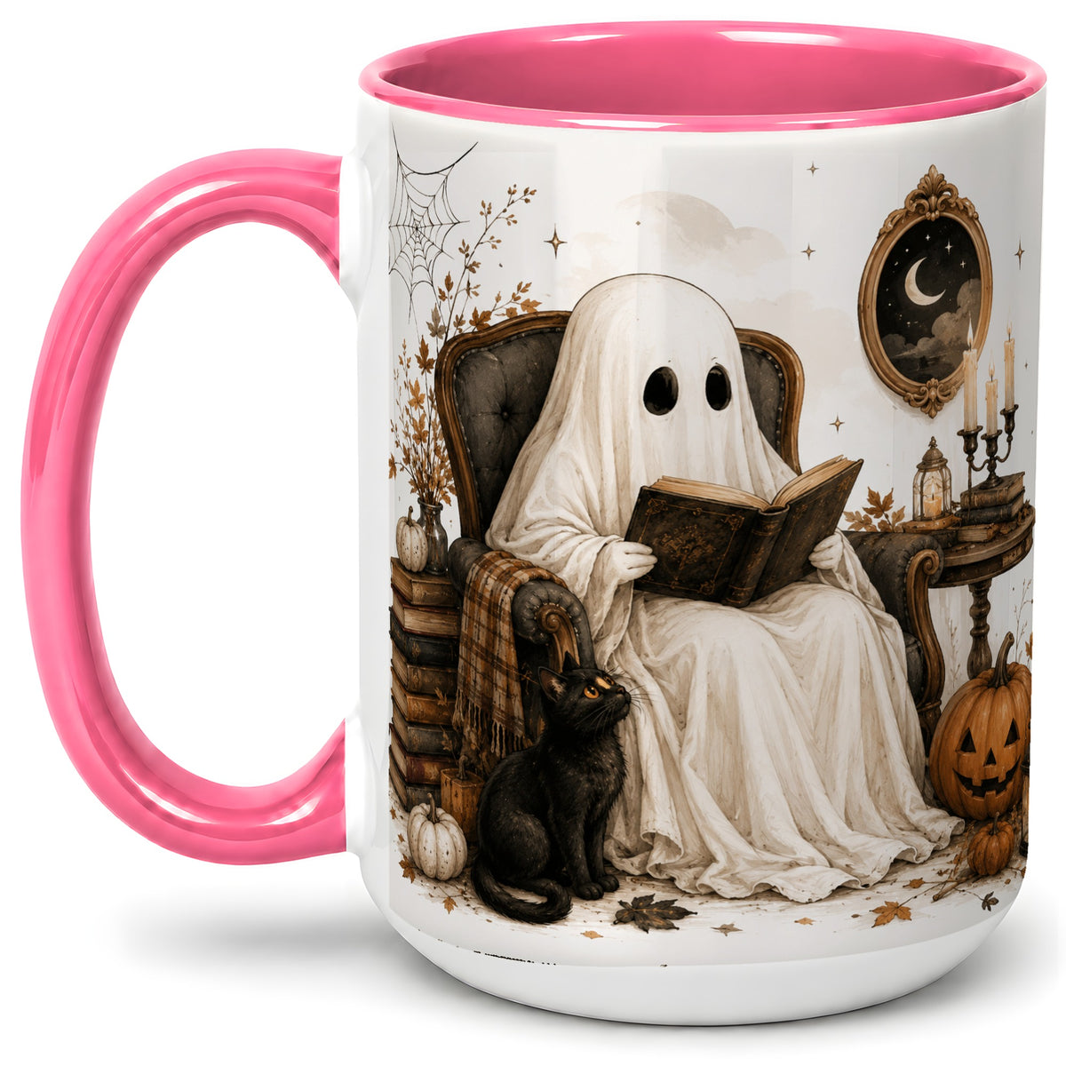 #pl[15oz|Pink] Cozy Ghost Reader Ceramic Coffee Cup, Mug with Halloween Artwork