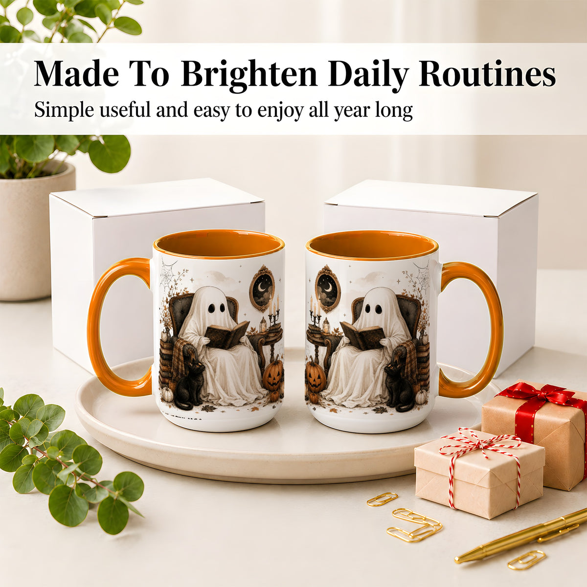 #pl[15oz|Orange] Cozy Ghost Reader Ceramic Coffee Cup, Mug with Halloween Artwork