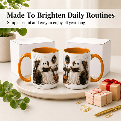 #pl[15oz|Orange] Cozy Ghost Reader Ceramic Coffee Cup, Mug with Halloween Artwork