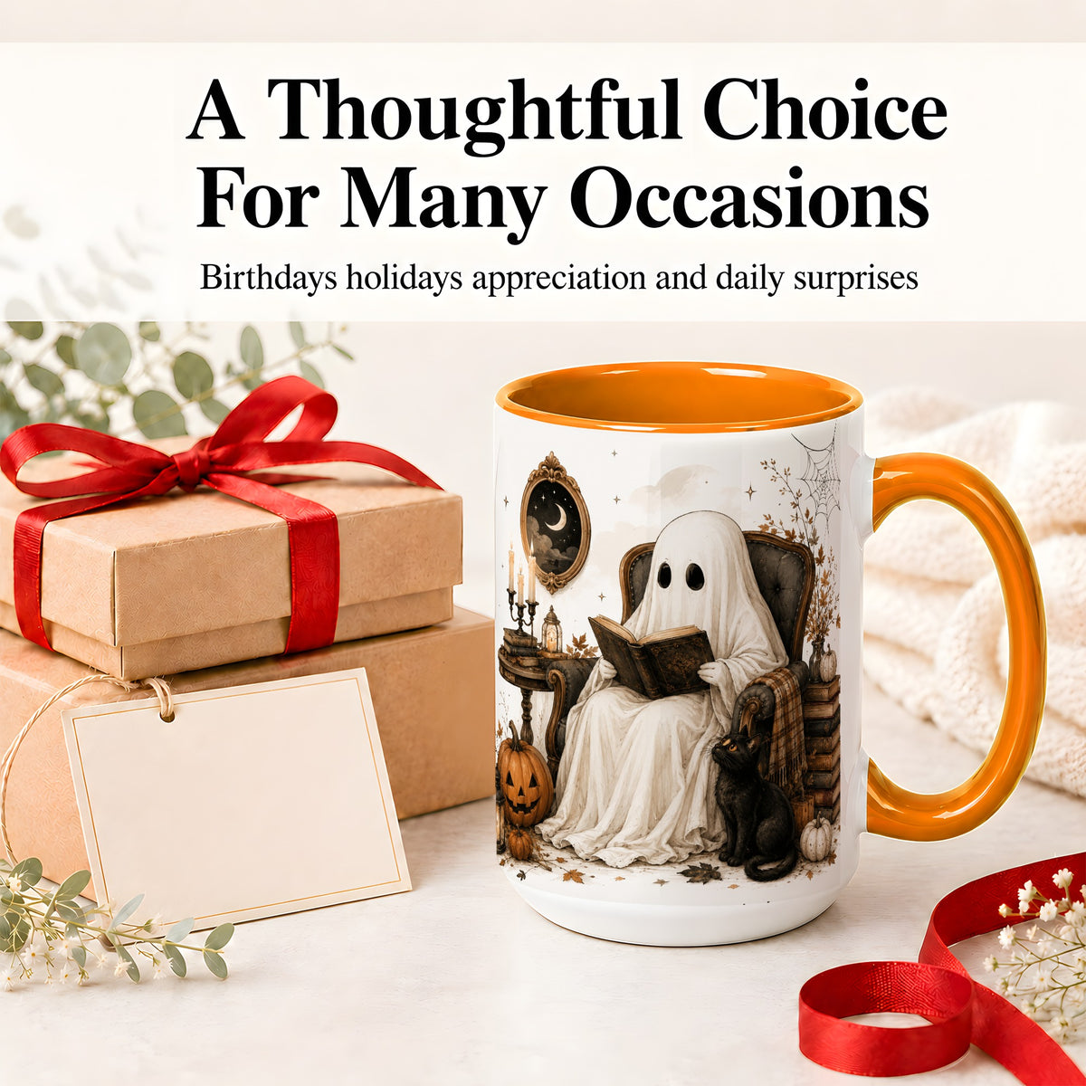 #pl[15oz|Orange] Cozy Ghost Reader Ceramic Coffee Cup, Mug with Halloween Artwork