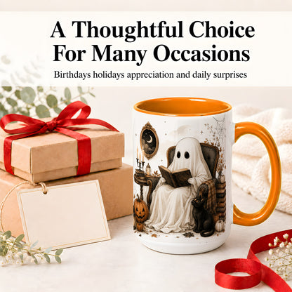 #pl[15oz|Orange] Cozy Ghost Reader Ceramic Coffee Cup, Mug with Halloween Artwork