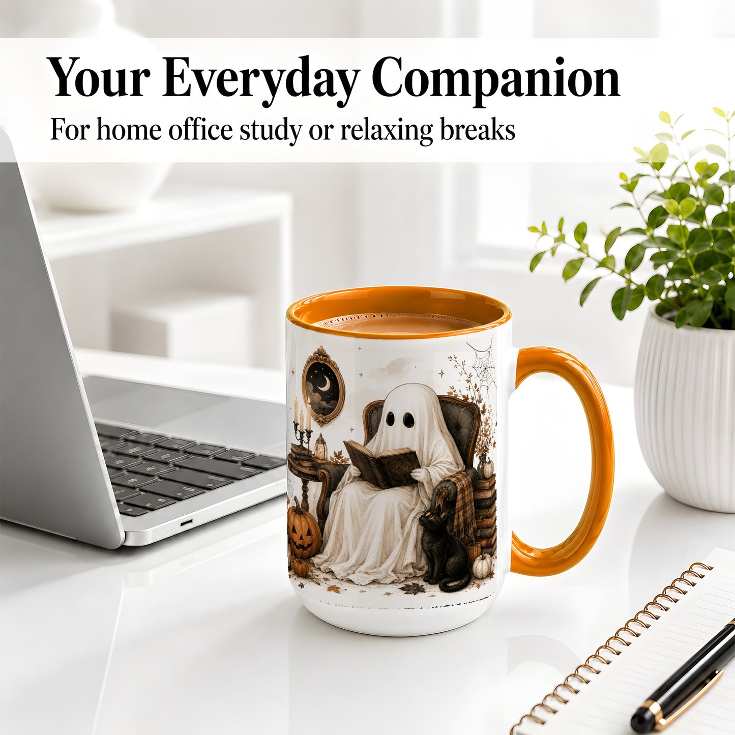 #pl[15oz|Orange] Cozy Ghost Reader Ceramic Coffee Cup, Mug with Halloween Artwork